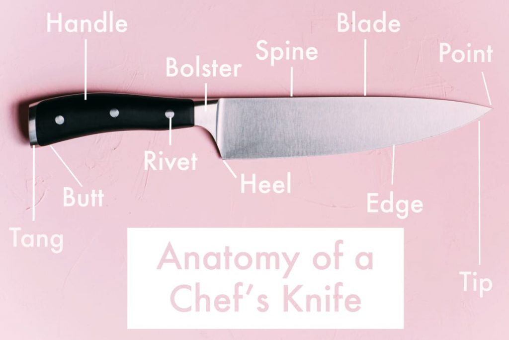 chef kitchen knife anatomy labeled