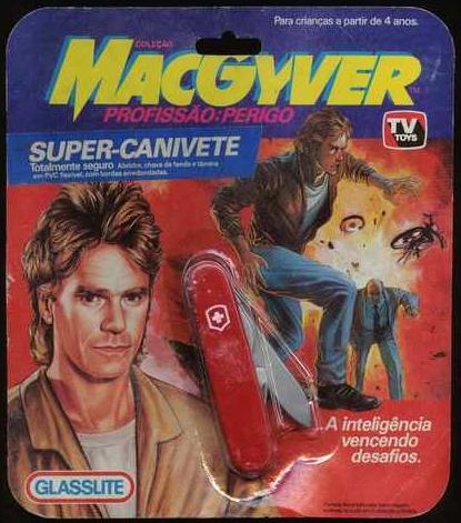 MacGyver and his mullet on a Swiss army knife package