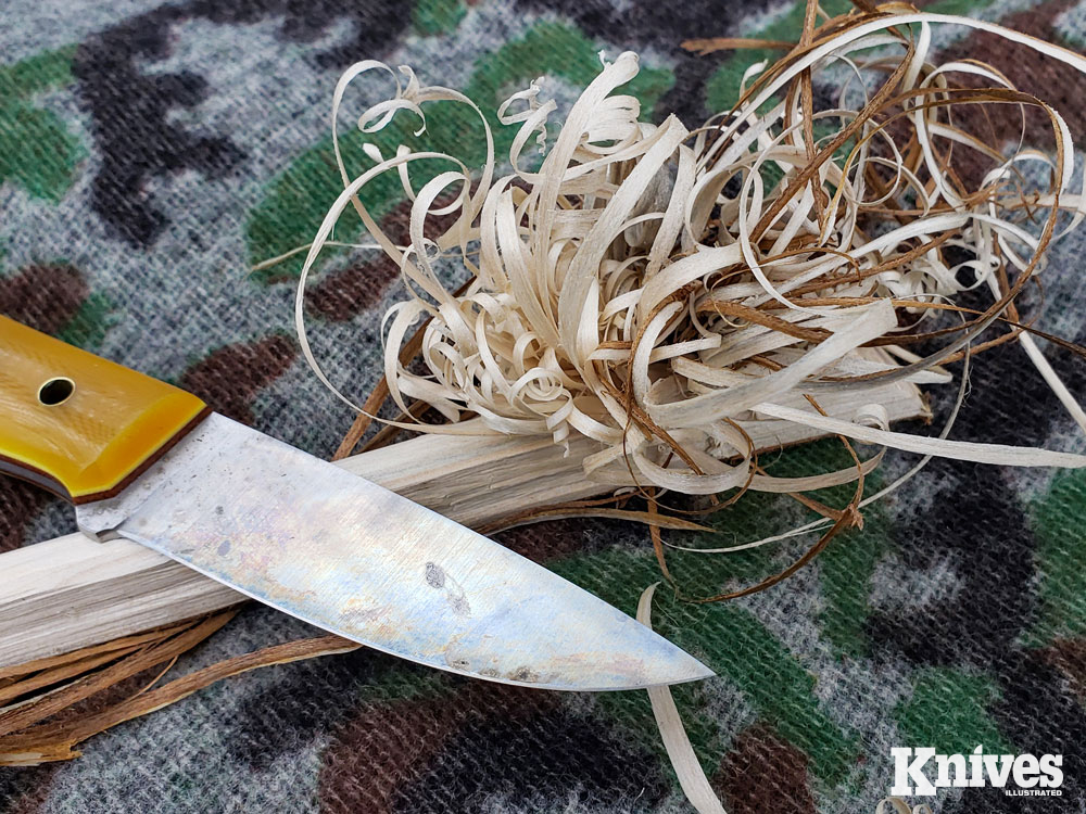 The Layman knife feathers wood easily