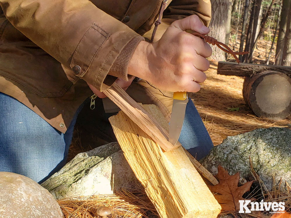 The author tested the tip strength of the Layman by driving it tip first into wood to split kindling.