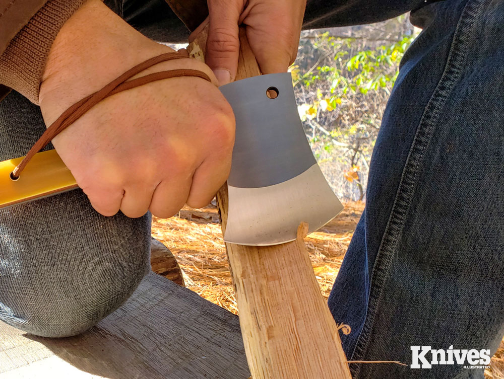 The Gambit hatchet can be used with a choked-up grip for fine work.