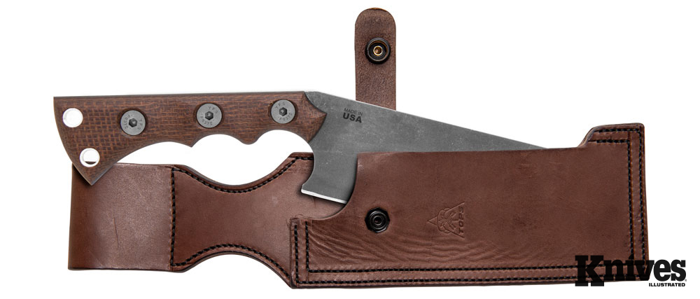 TOPS Knives Nata with a thick and sturdy leather belt sheath. 