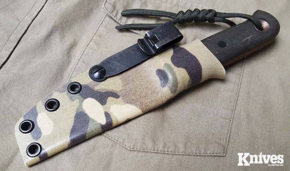 Pocket-grabber sheaths, such as this Wenger Blades Multicam sheath with a Discreet Carry Concepts clip, attach to fabric and require no belt to hold them in place.
