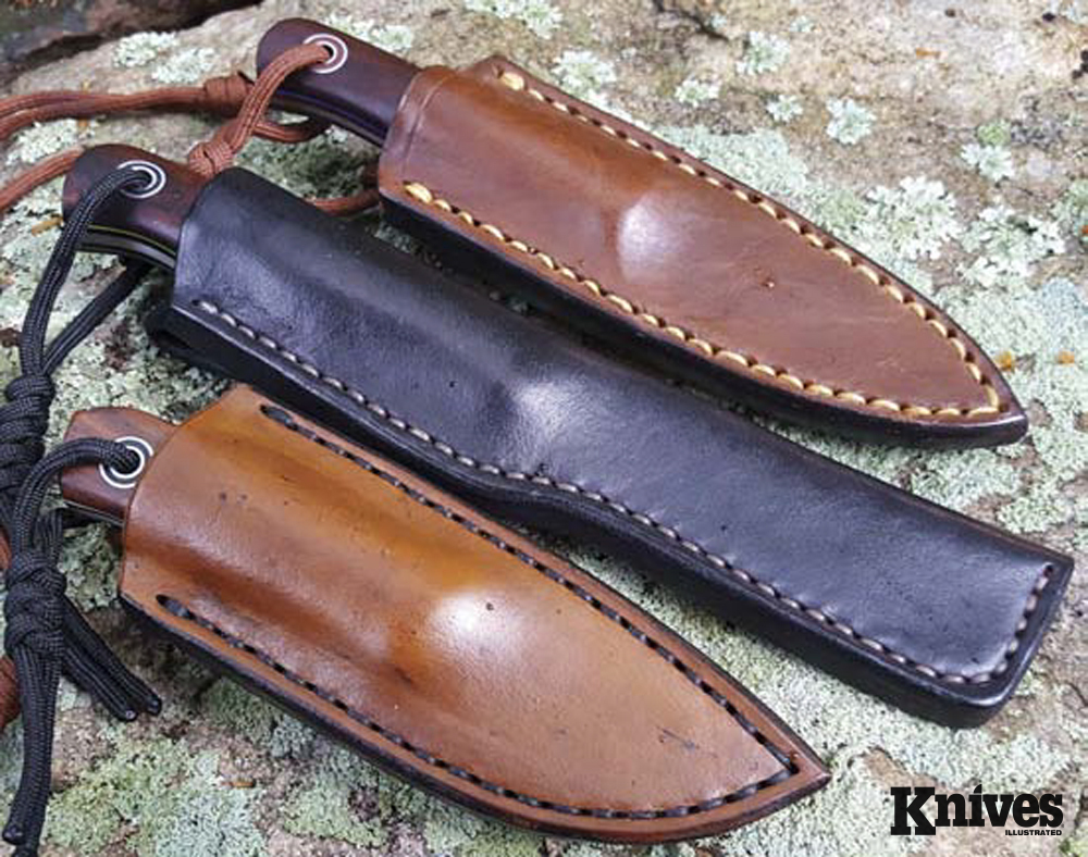 The author’s custom leather sheaths for his Fiddleback Forge Knives