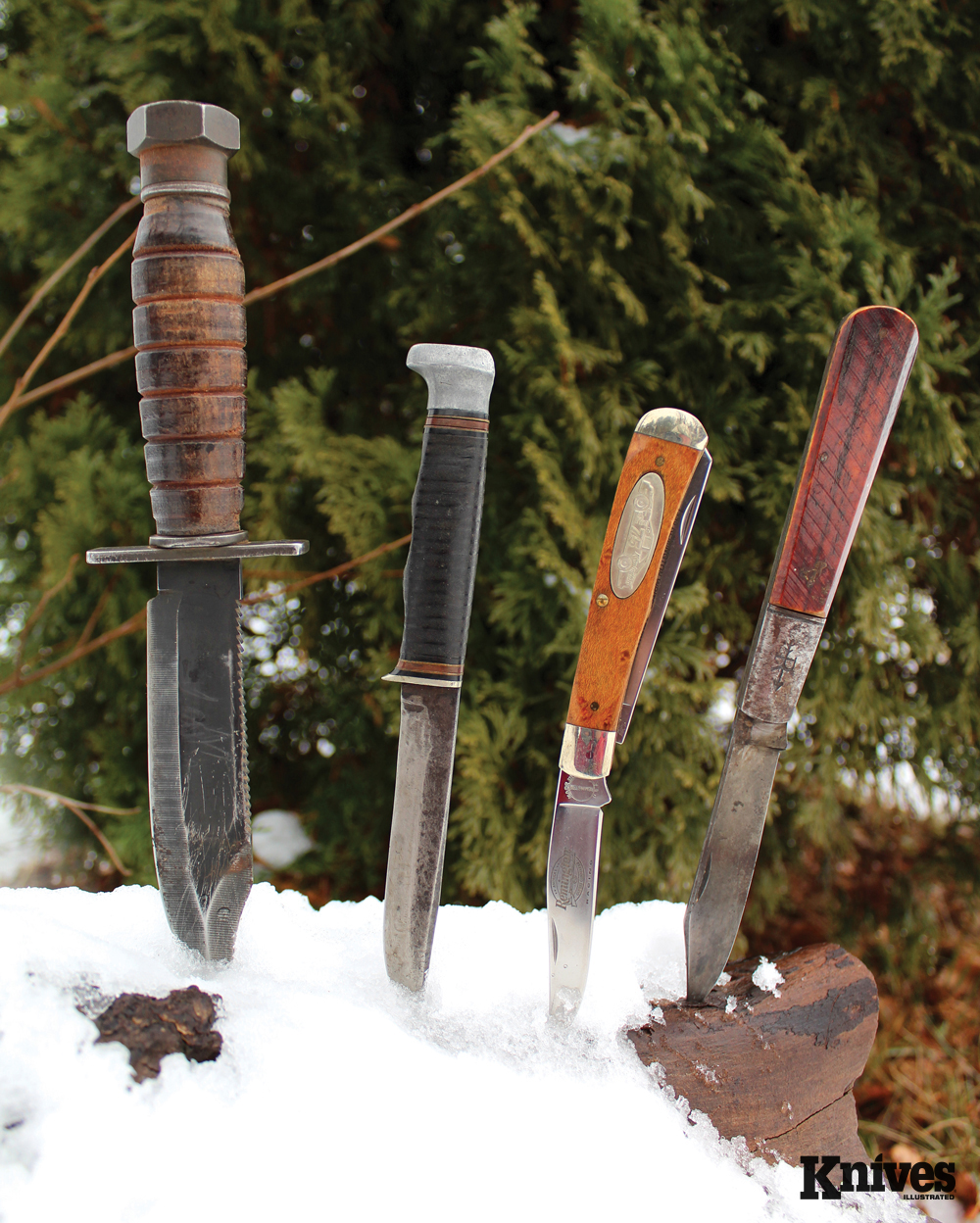 The author's four knives (left to right): OKC 499, KA-BAR Little Finn, Remington pocket knife, Russell Barlow
