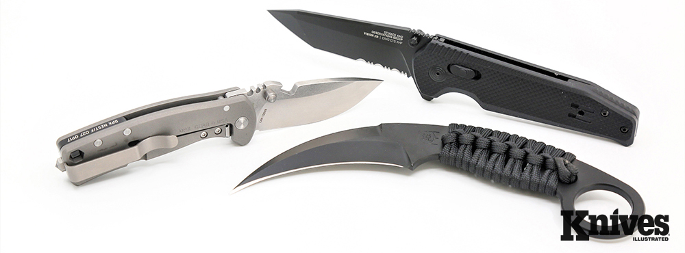 The SOG Vision XR (top right), DPx HEST/F (center left), and Keen Edge Knives K2 (bottom right)