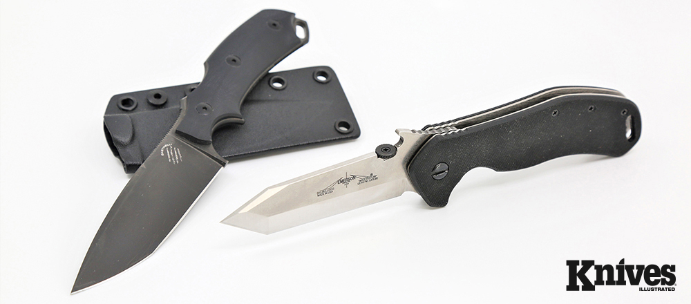 The Bastinelli Knives Fixed RED V2 (left) 