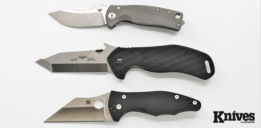 Three knives with ideal blade profiles: the DPx HEST/F with a drop-point (top), the Emerson Knives Big Bulldog with a tanto (center), and Spyderco Yojimbo 2 with a Wharncliffe (bottom).