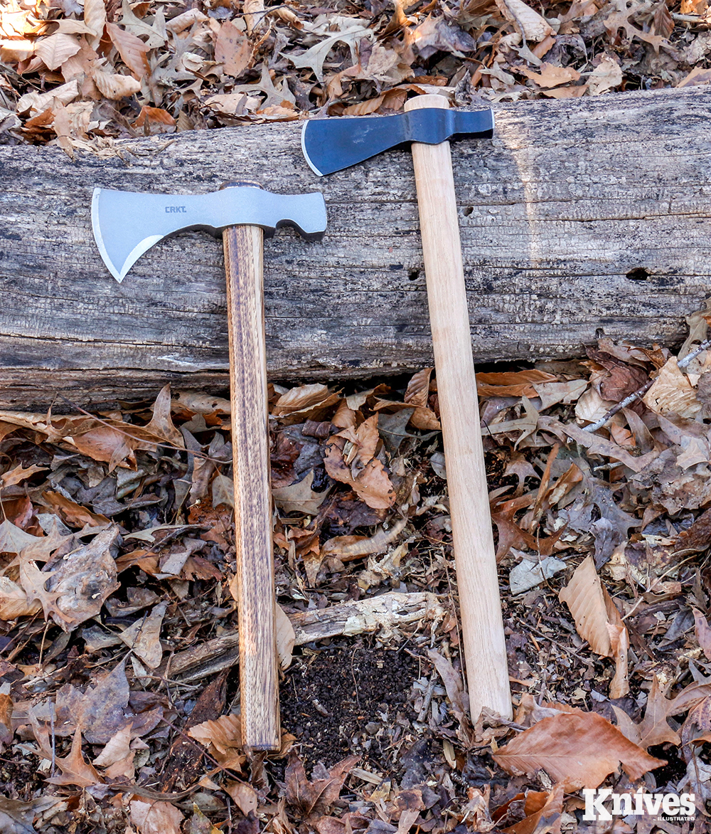 A couple of the author’s favorite traditional tomahawks are the CRKT Woods Chogan T-Hawk (left) and the Cold Steel Trail Hawk.