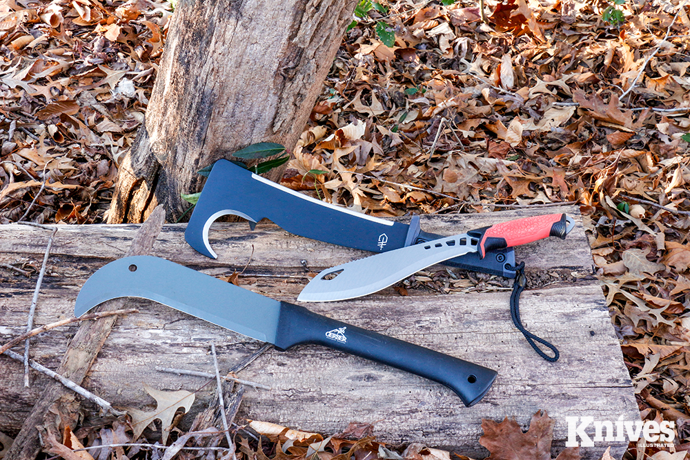 Not just hatchets and tomahawks. A selection of Gerber tools, including the Gator Machete Pro (top), the company’s take on the Woodsman’s Pal; the Versafix Pro; and the Brush Axe, now sold under the parent company Fiskars brand.