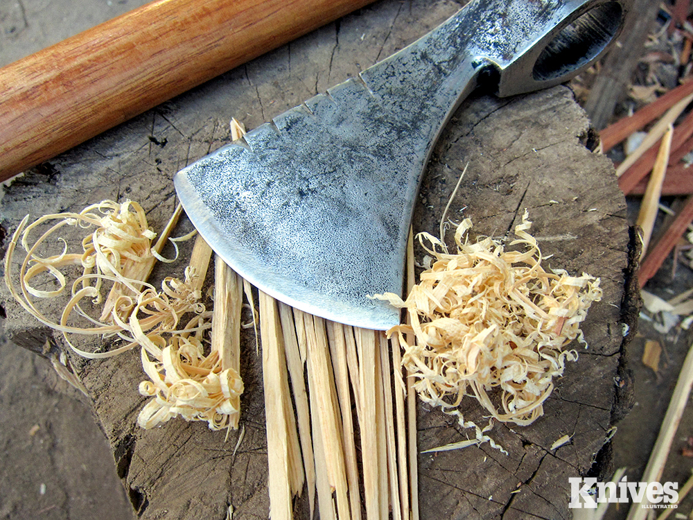 The author used the tomahawk head for making tinder, kindling, and small fuel to build a one-stick fire.