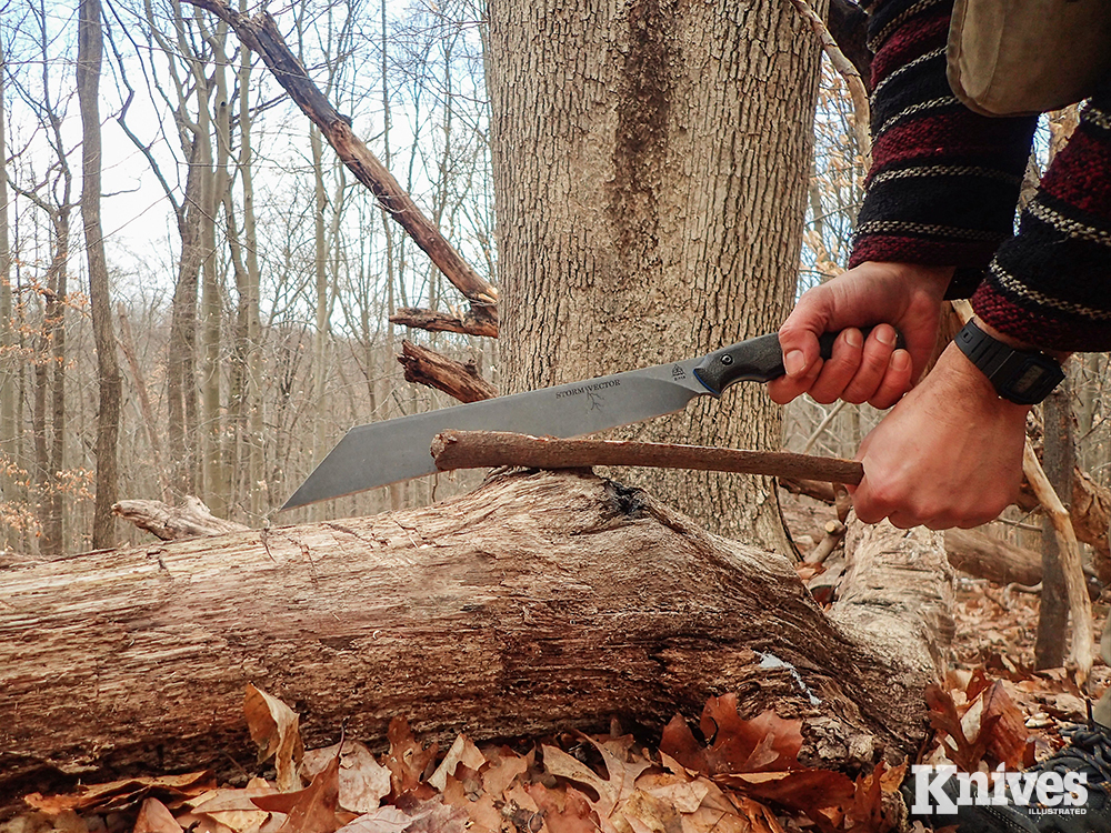 It is possible to split kindling with the TOPS Storm Vector in the same way one would use a hatchet.