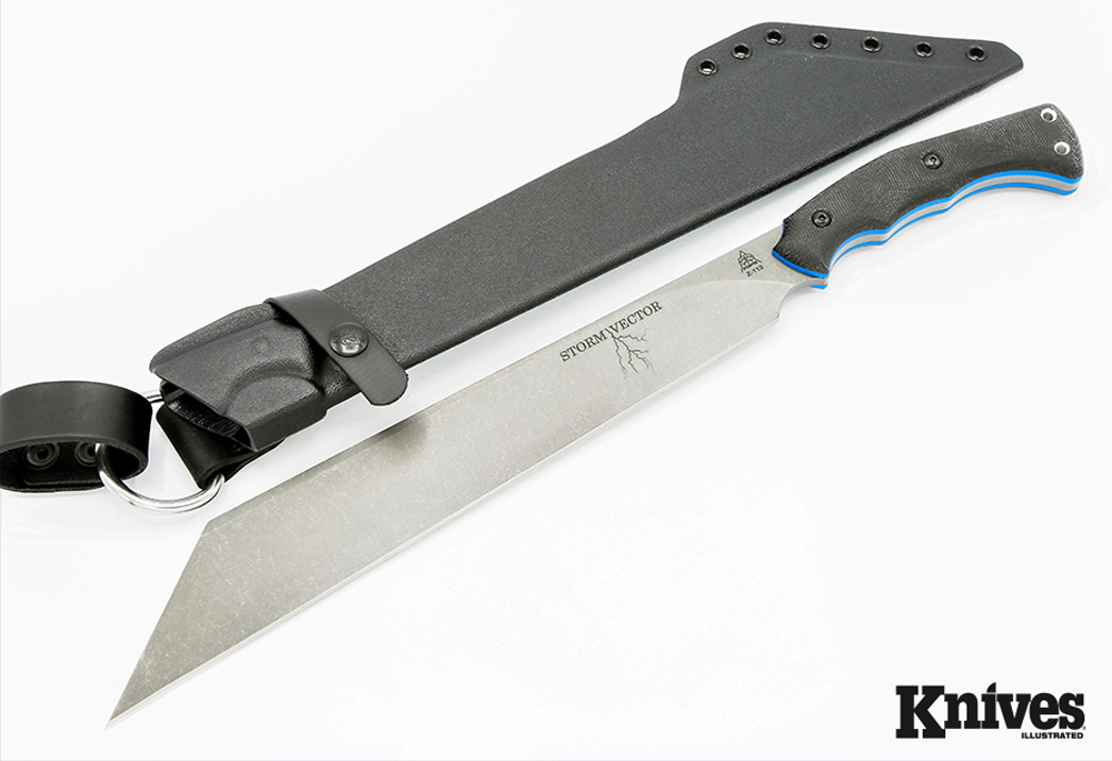 TOPS Knives Storm Vector seax-style knife: featuring a 1095 carbon steel 12.6-inch blade, Micarta scales, and black Kydex sheath.