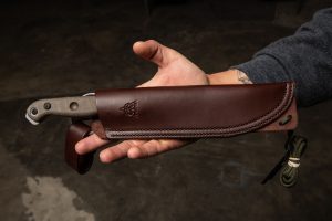 The TOPS Brush Wolf comes with a brown leather sheath.