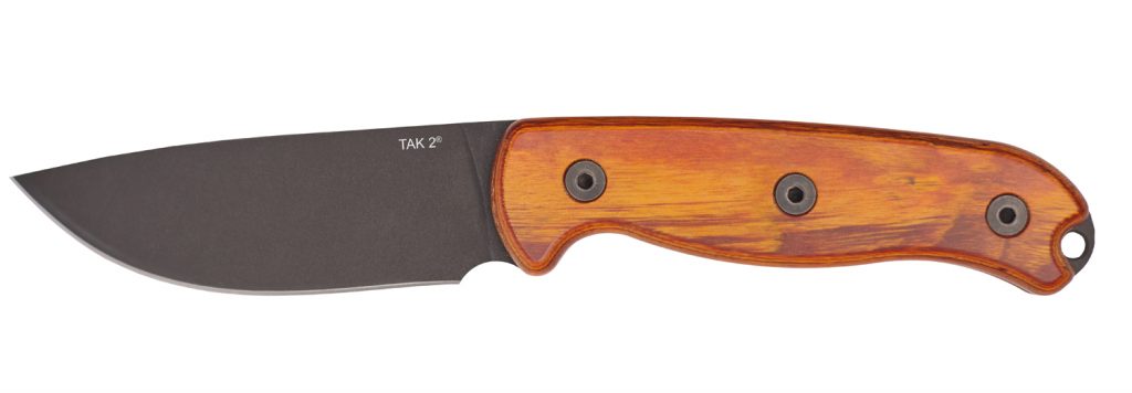 The TAK 2 has a stabilized hardwood handle and a phosphate-coated carbon steel blade.