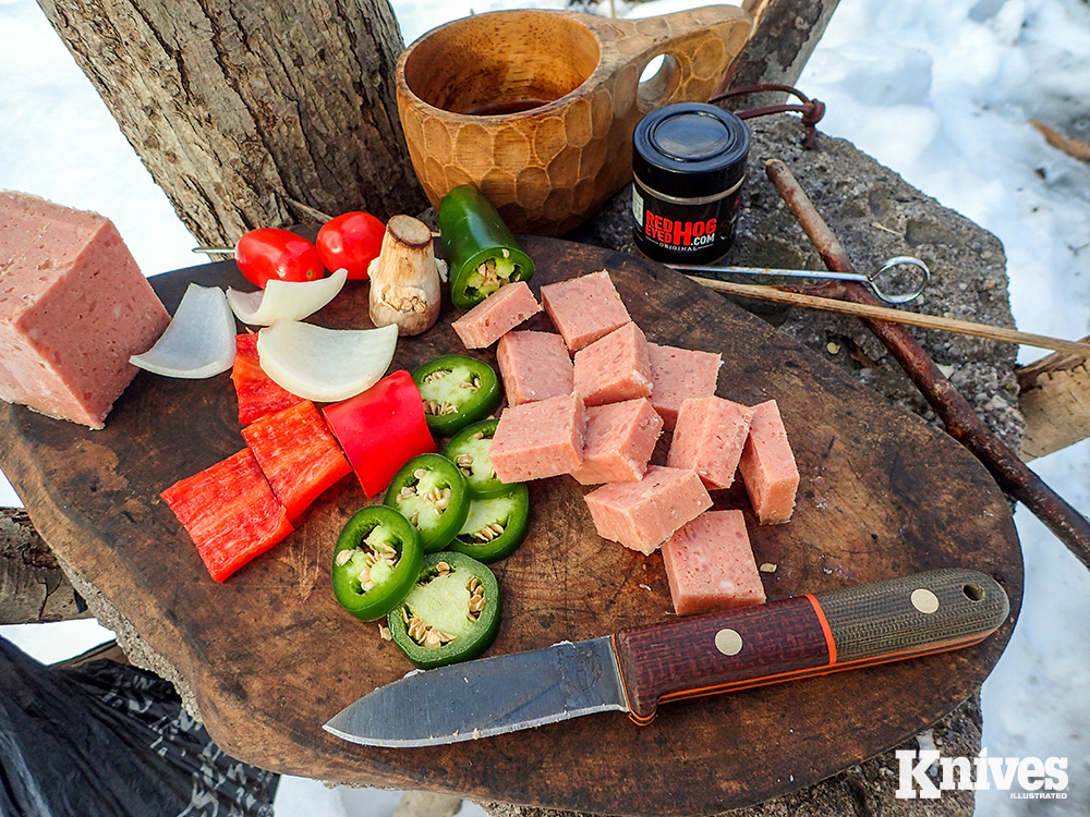The author’s go-to-meal in camp was kabobs, and the Bear Forest Knives GT-3 did all the prep