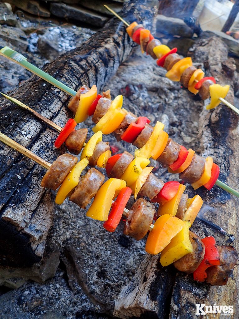 Kabobs on a roasting stick can be set over coals or held in your hand.