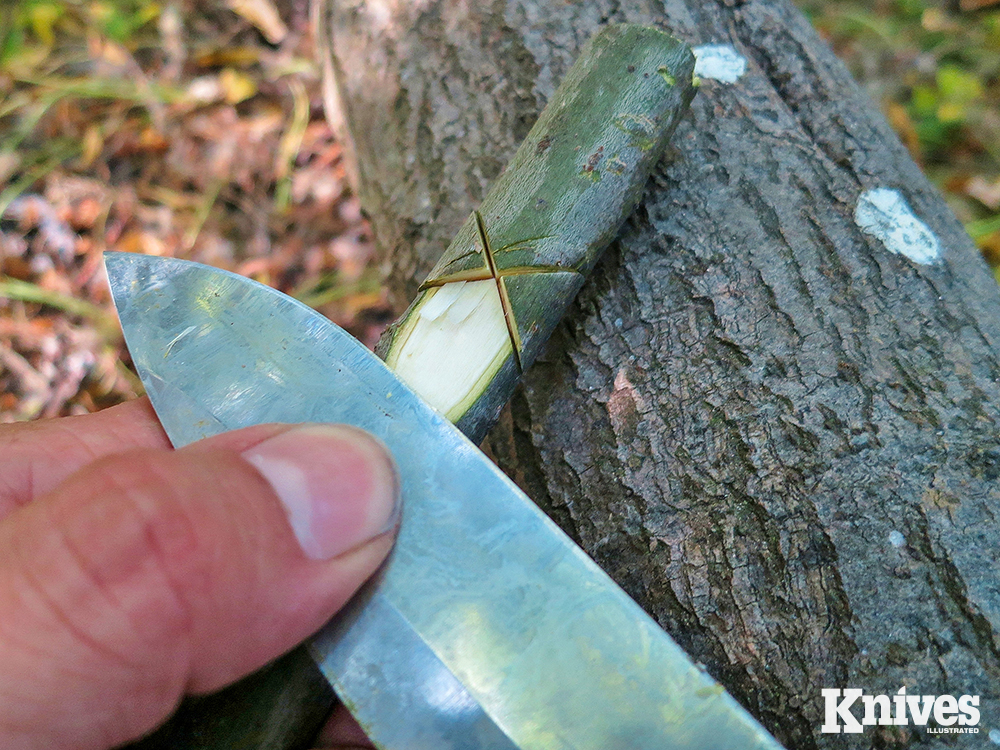 The start of making a Pot Claw. A light baton makes the X with the knife and the top part is carved down toward the end to make a V-notch for the support holder.