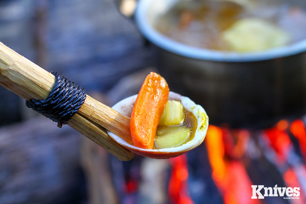 A beach-camp crafted spoon can be as easy as finding a shell and splitting a stick. 