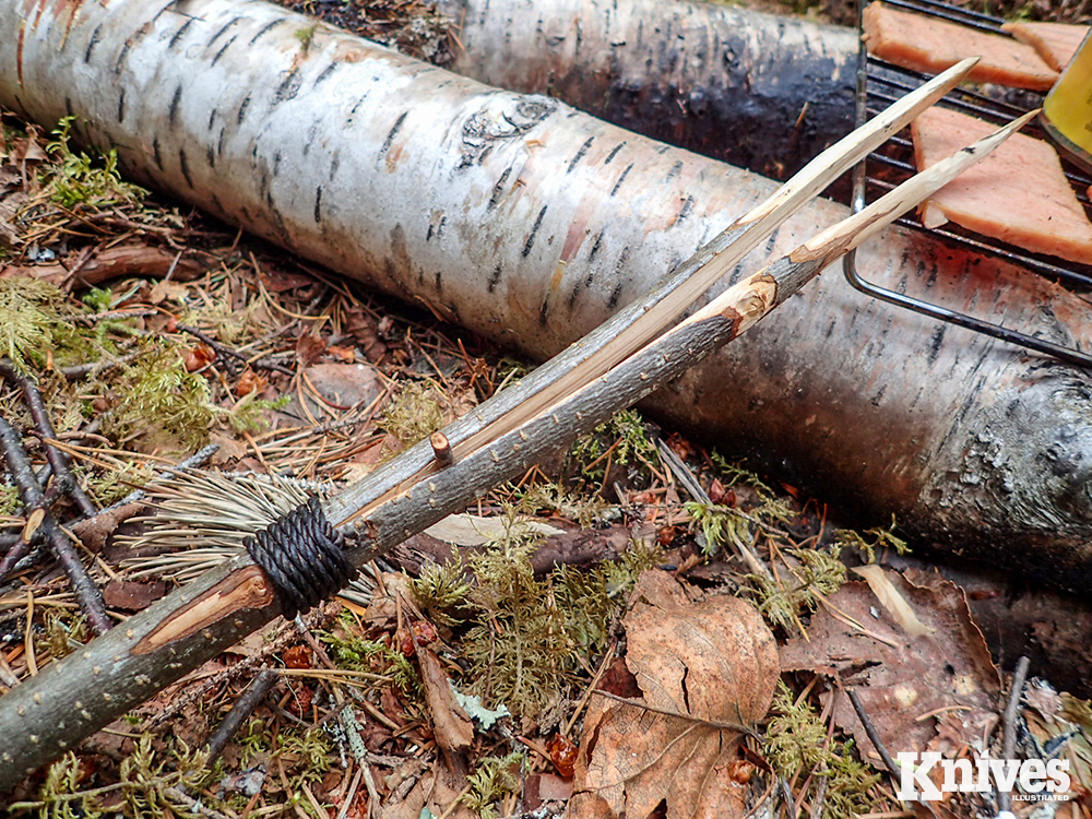The most commonly made tongs by the author is a simple split stick, bound to prevent splitting, and spread open with a small stick.