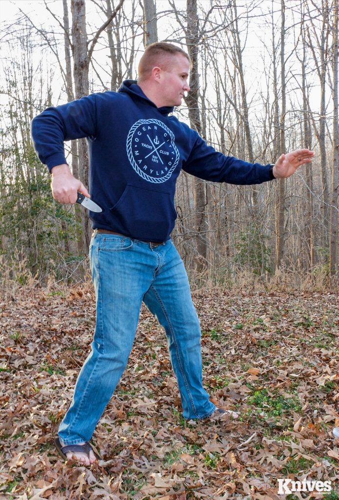 Because many confrontations happen suddenly in extreme close quarters, you should practice creating space from your attacker to give you a chance to get to your knife.
