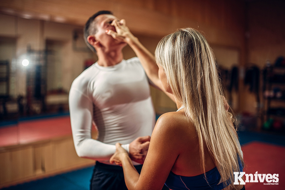 The eye wash is a good technique to distract or slow down your attacker to enable you to create a chance to deploy your knife.