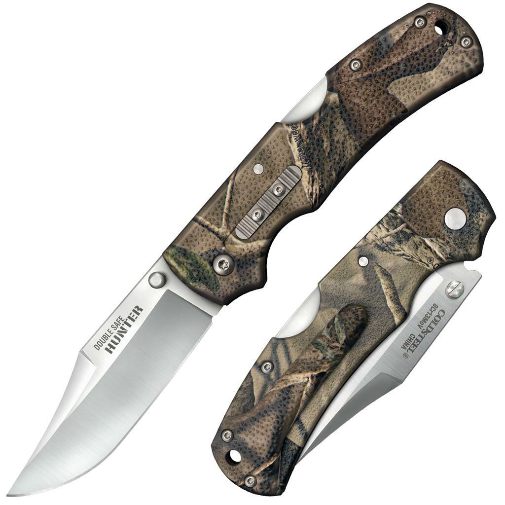 The Double Safe Hunter features a clip-point blade and two locking mechanisms for added security.