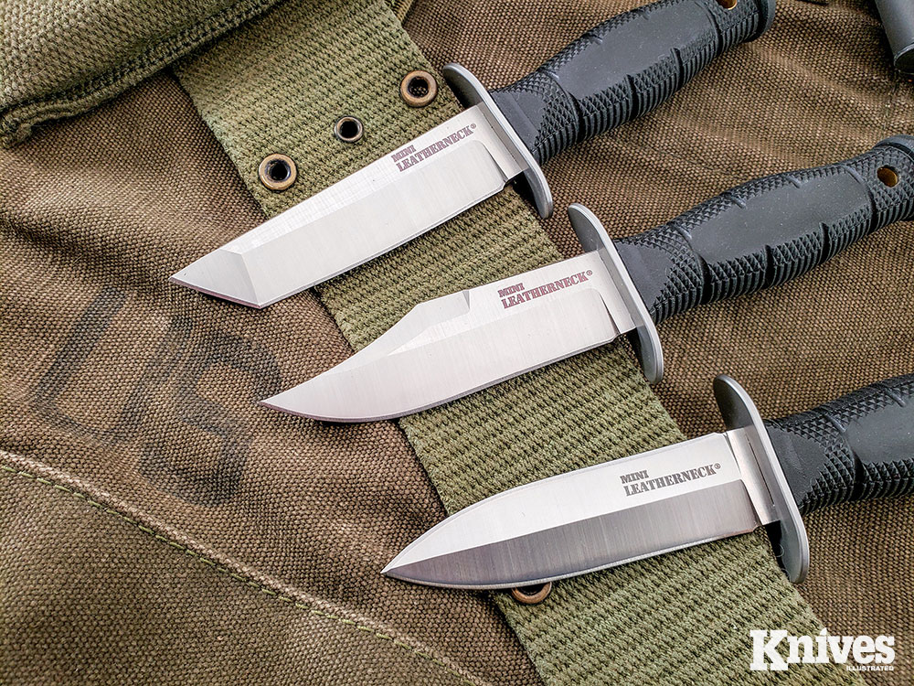 Mini Leatherneck comes in a choice of three blade styles: clip point, tanto, or double-edged.