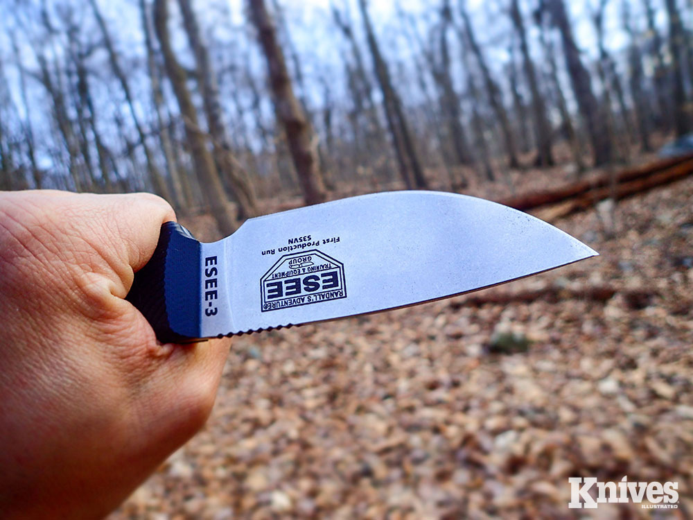 In hand shot of the ESEE-3 S35VN 3D G10 knife. 