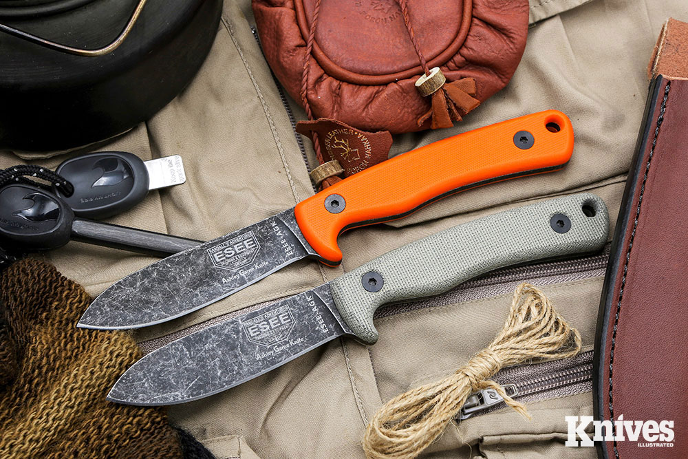 ESEE Knives Ashley Game Knife comes in your choice of orange G10 scales (top) or canvas Micarta (bottom) and an attractive black oxide finish.