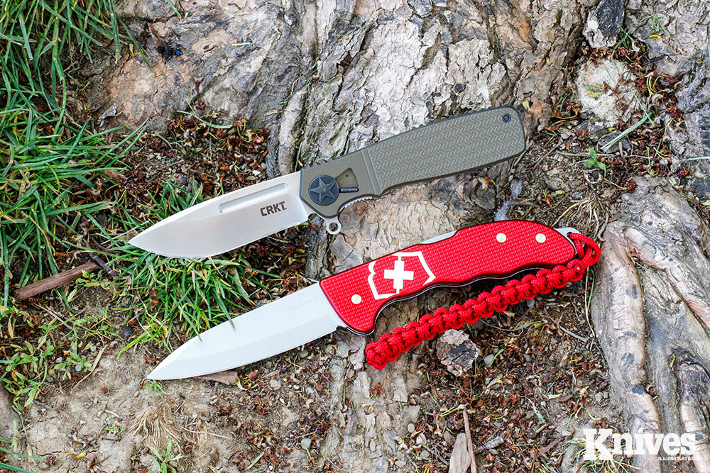 Among the author’s favorites of current production folding knives for hunting are the CRKT Homefront (top) and the Victorinox Hunter Pro Alox.