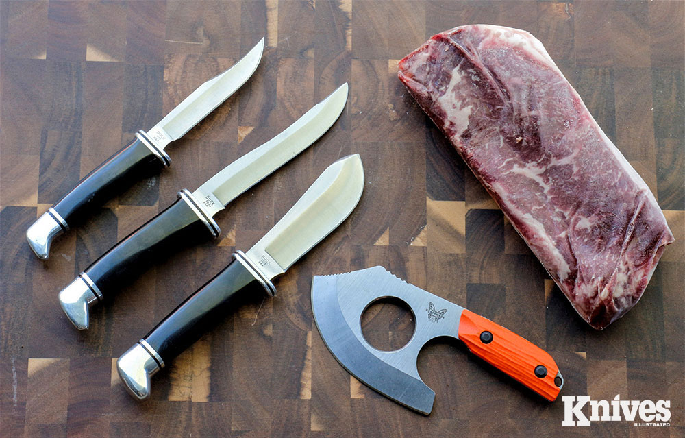 Shown (from the left) are the Buck Woodsman, Pathfinder and Skinner, and<br /> the Benchmade Nestucca. And yes, that’s beef, not venison in the photo.