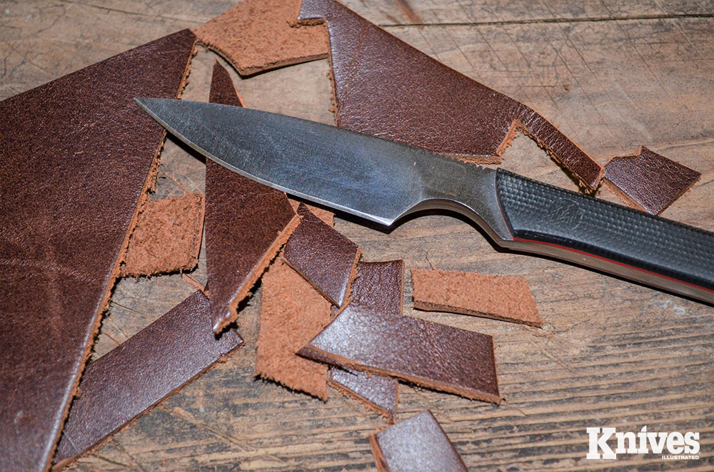 Leather scraps posed little challenge for the knife, though push cuts were more difficult than slices.