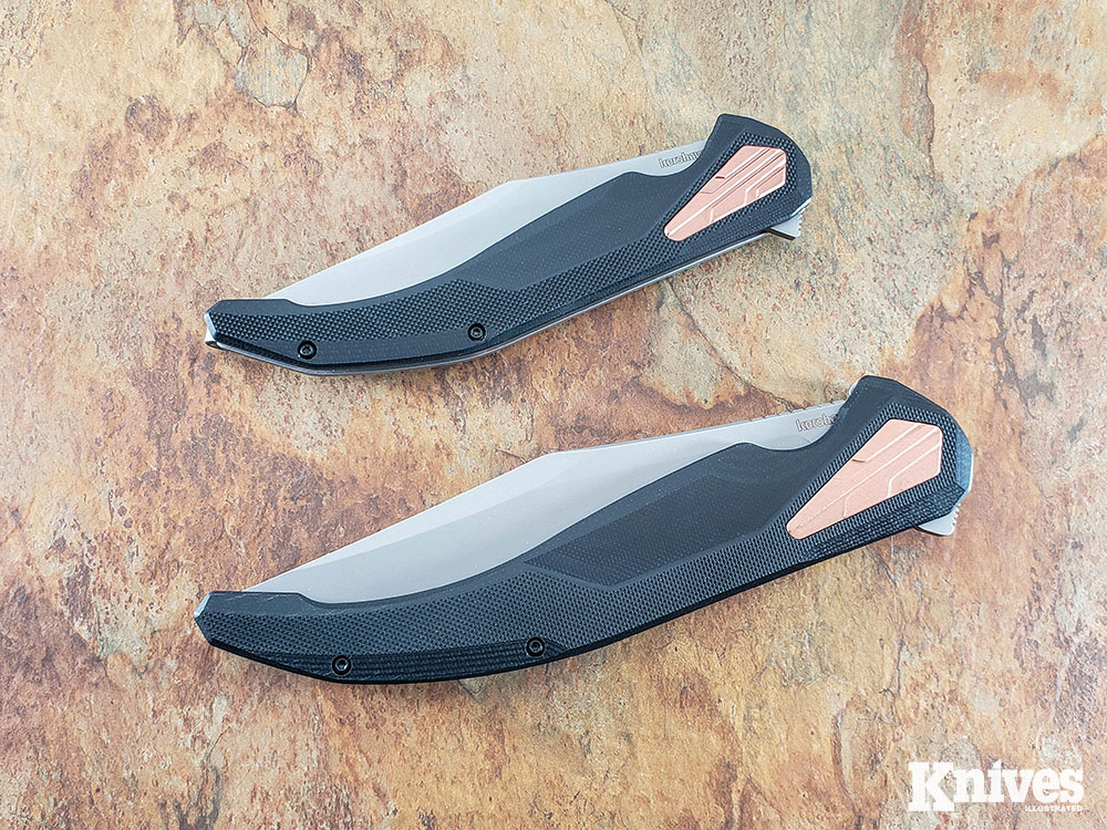 The Stratas have one handle slab of black G10 (top) that’s contoured and textured for a secure grip. 
