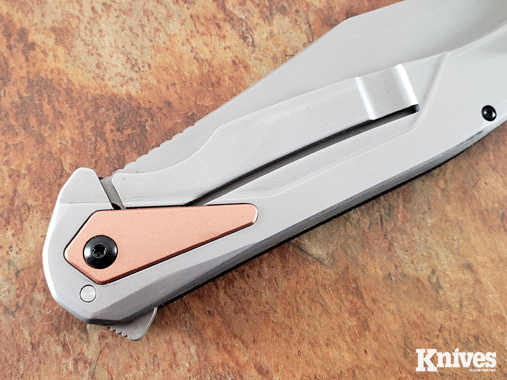 The Strata has a copper pivot cap as well as copper anodized spacers that add a subtle, classy look to the knives.