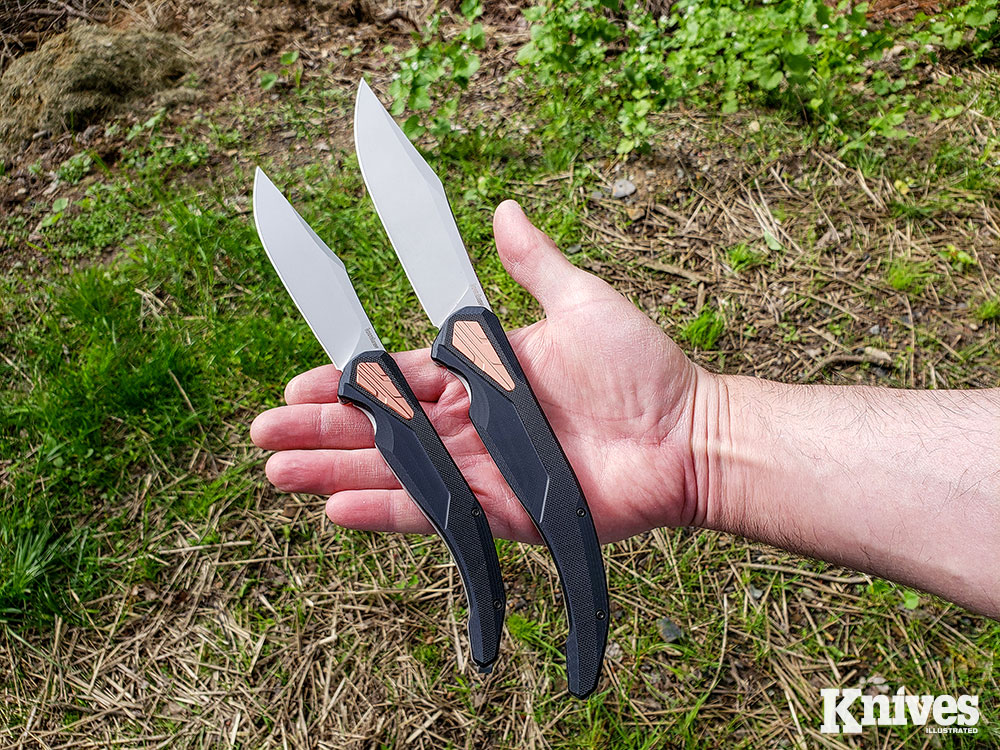 The Strata (left) and Strata XL (right) are both hand filling knives capable of serious utility or defense work.