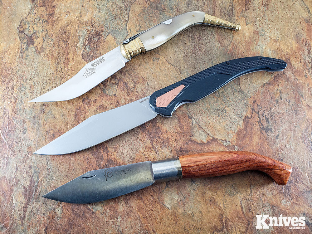 The Kershaw’s lineage is obvious when you look at it compared to a traditional ratcheting lock Navaja (top) and a simple non-locking peasant version (bottom).