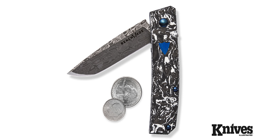 In relation in size to two coins, this knife can find a home easily in pants or jacket pockets.