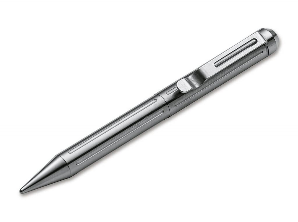The Boker Plus Tactical Fountain Pen houses a fountain pen nib inside a rugged aluminum body.