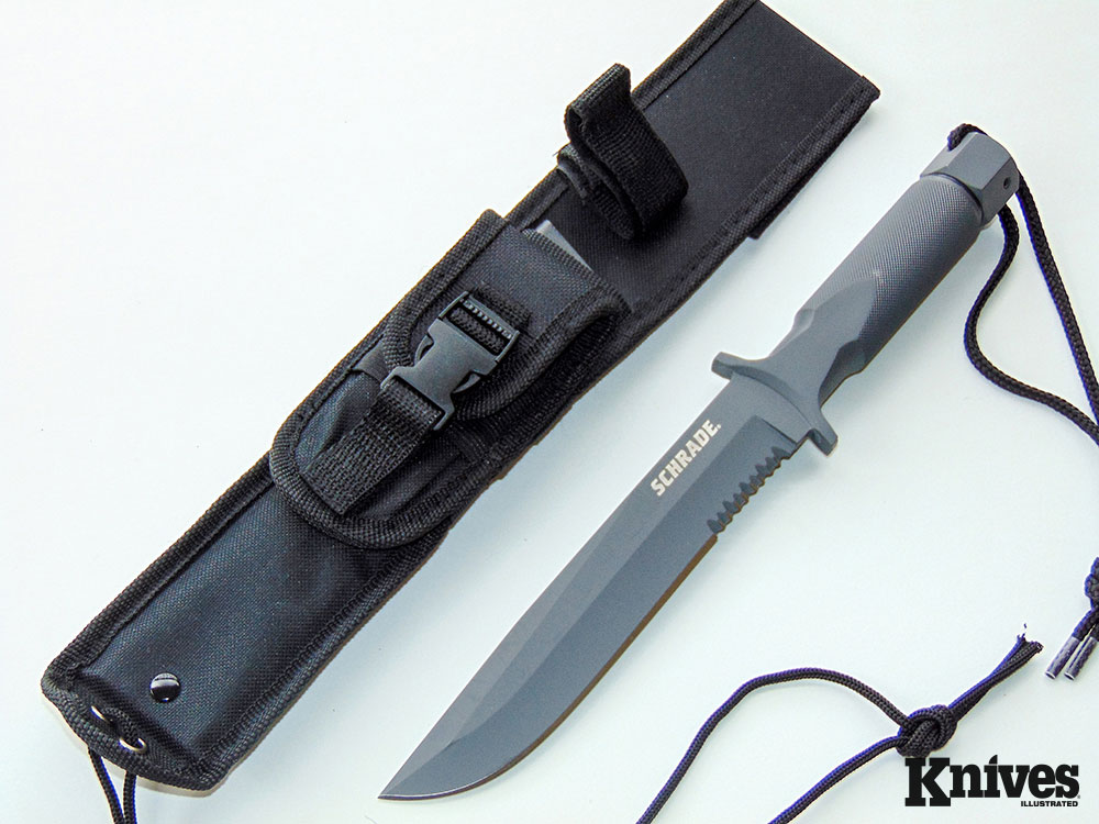 The Schrade Large Extreme Survival is a one-piece drop-forged, spear-point fixed-blade knife with a secret: Its hollow handle holds more tools. Author photo.