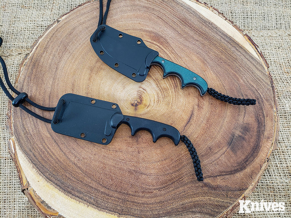 The CRKT Minimalists ship with a polypropylene neck-style sheath with paracord necklace.