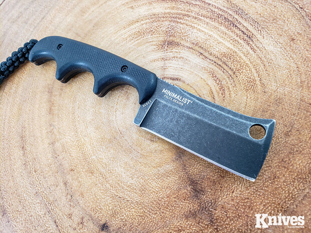 Although it has that kitchen cleaver styling, you won’t be doing a lot of chopping with the Minimalist. It does work great for small chores, though, and Alan Folts likens it to a Wharncliffe without the point, due to its straight edge.