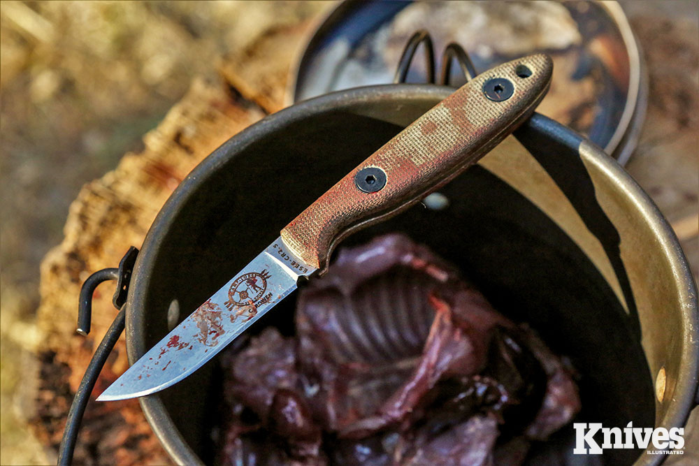 The small game knife skinned and butchered a squirrel as well as made the fire to cook it.