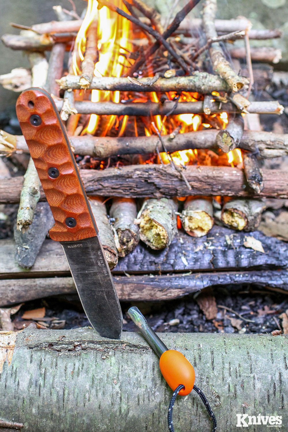 Log-cabin-style fires were made by the author with the PR4 and folding saw doing all the preparation in wet weather. 