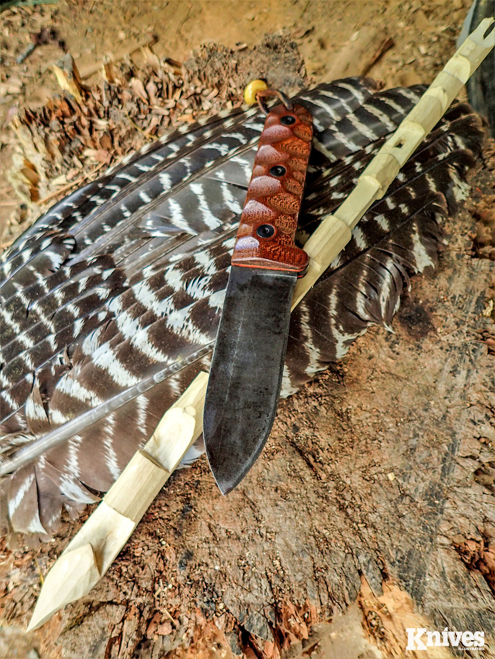 Made with the PR4 by Patrick Rollins, this try stick is the basis of a good learning tool for bushcraft knife use. All these notches are used for traps, pot hangers, toggles, and tent pegs.