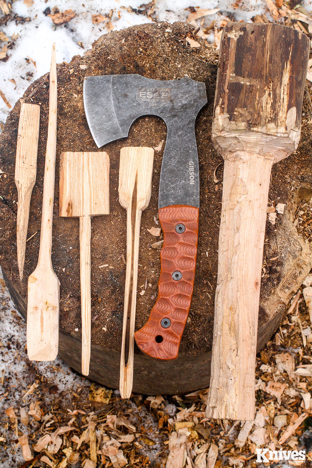 The completed tools the author made with the Gibson Carving Axe overnight on his winter camp trip. Many are still in use today.