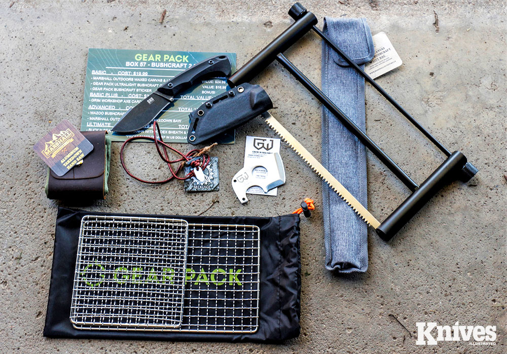 Although knives are among what the author anticipates the most, Gear Pack boxes consistently contain lots of other great gear. Shown are the contents of Gear Pack Box 57—Bushcraft.