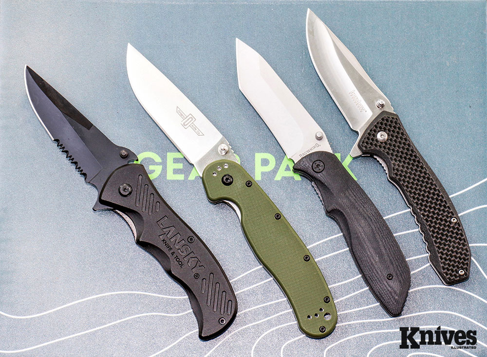 Some of the other knives that have been included in Gear Pack boxes (from left) include: The Lansky Evader, Ontario RAT 1 Folder, a Browning linerlock, and Kershaw Wire.