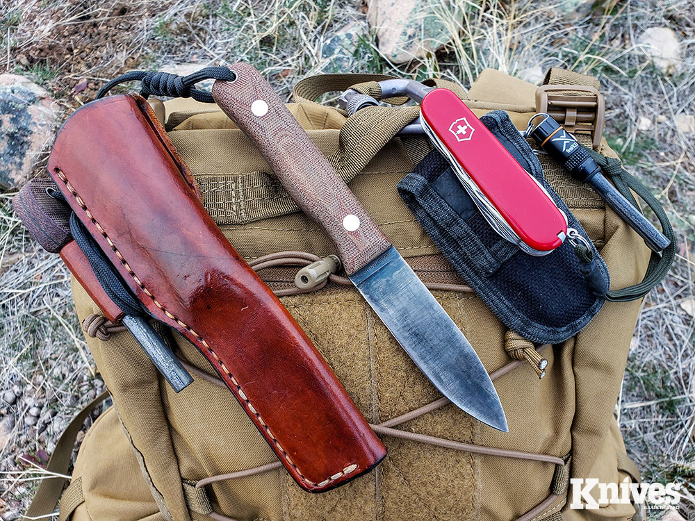 Kevin Estela’s favored fixed blade is his own design, the Polaris (L), made by Gossman Knives. He also carries the Ranger model Swiss Army Knife.