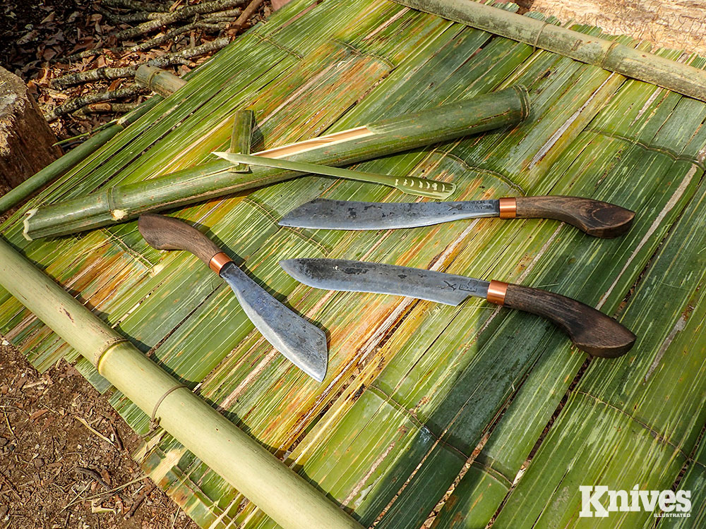 Completed bamboo tabletop and rice maker made with three parangs—the Golok 135 and Duku Chandong 12 and 8 inch-long blades.